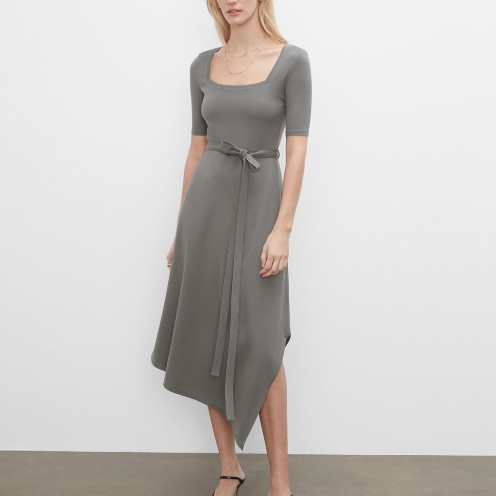 Club Monaco Olive Gray Asymmetrical Ponte Midi Dress